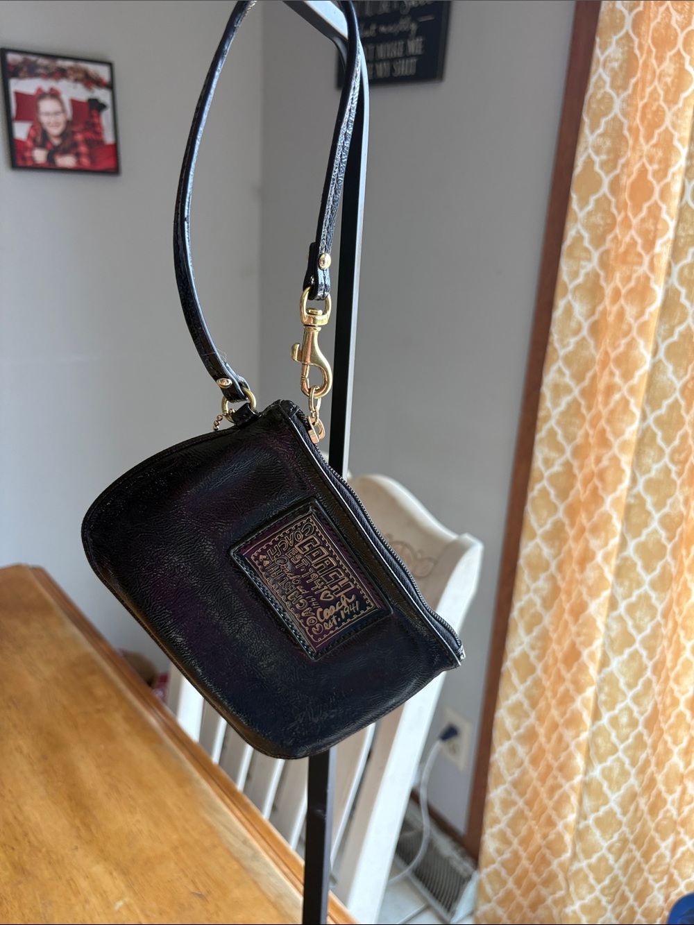 Coach Poppy Black Leather Wristlet with Gold Hardware